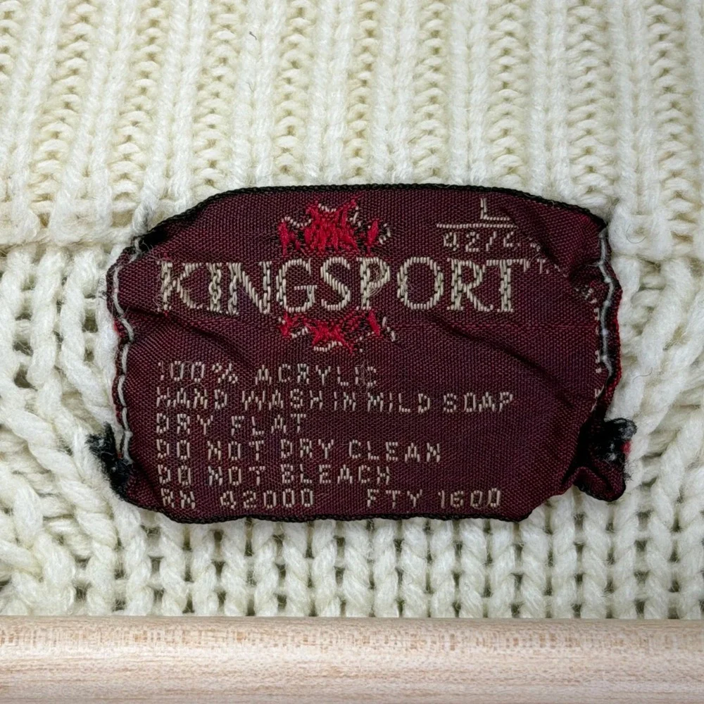 Vintage 80s Kinsport Cricket Sweater sz Large Cream‎ Fisherman V-Neck Cable Knit